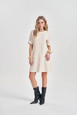 Vestido Off White Em Malha Jacquard Tweed De Manga Curta Doce Trama - 105360