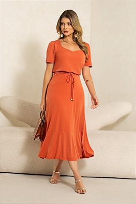 Conjunto De Saia Maxi Midi E Blusa Terracota Em Malha Stretch Clamila - 10783