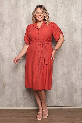 Vestido Plus Size Terracota Em Viscopoly Com Botões Frontais E Acompanha Faixa - 26712