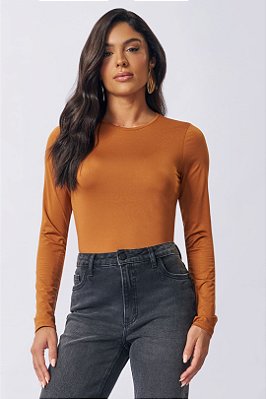 Blusa Terracota De Manga Longa Em Malha Microfibra Térmica Doce Trama - 104430