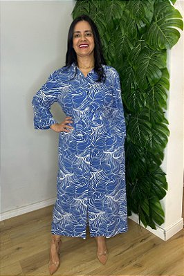 Vestido Maxi Midi Chemise Plus Size Azul Com Estampa Off White Acompanha Faixa - 42380
