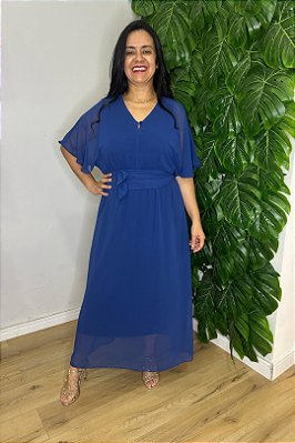 Vestido Plus Size Maxi Midi Azul Em Chiffon Acompanha Faixa Simple Life - 15379