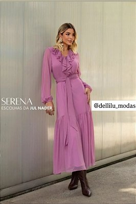 Vestido Maxi Midi Lilás Em Chiffon Com Babado No Decote Acompanha Faixa - 25645
