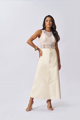 Saia Maxi Midi Off White Em Couro PU Com Fechamento Frontal Em Botão Doce Trama  - 105320