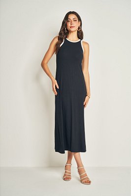 Vestido Maxi Midi Preto Com Detalhe Branco Sem Manga Em Ribana Canelada Doce Trama - 104911