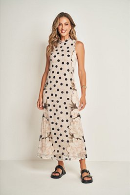 Vestido Longo Estampado Em Tule Sem Manga E Gola Alta Doce Trama - 105586