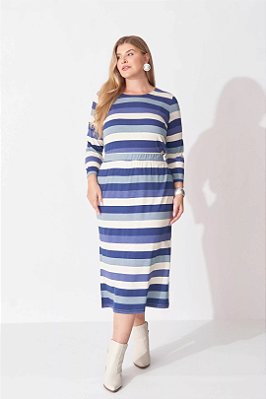 Conjunto Plus Size De Saia Midi Listrado Com Tons De Azul E Off White - 13488