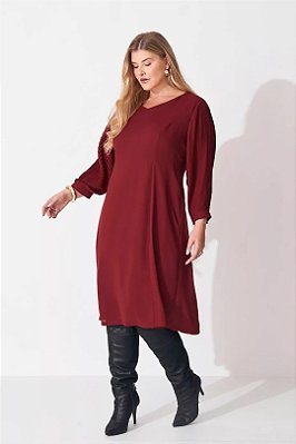 Vestido Plus Size Midi Evasê Vinho Em Chiffon Com Manga Plissada 7/8 - 41103