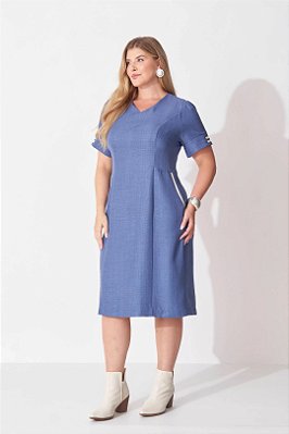 Vestido Azul Plus Size De Manga Curta E Bolsos Frontais Funcionais - 42391