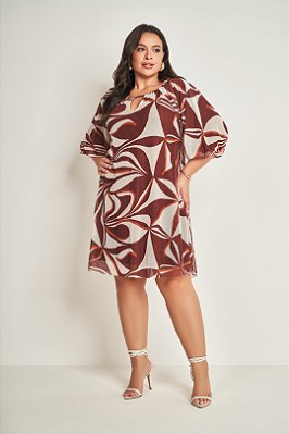 Vestido Plus Size Estampado Em Tule Com Manga 3/4  Doce Trama - 105545