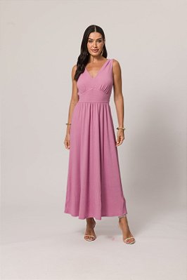 Vestido Maxi Midi Rosa Sem Manga Em Malha New Favo Doce Trama - 105434