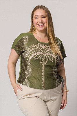 Blusa Plus Size Verde Em Malha E Estampa Frontal Em Viscocrepe Lisamour - 202076