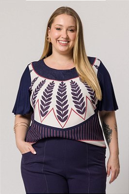 Blusa Plus Size Azul Em Malha E Estampa Frontal Em Sarja Lisamour - 202093