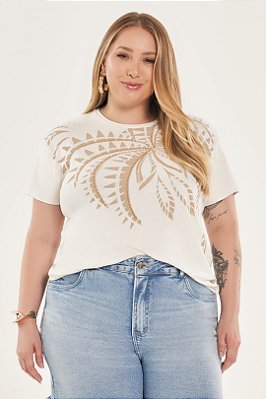 Blusa Plus Size Off White Em Malha E Estampa Frontal Com Bordado Lisamour - 202078