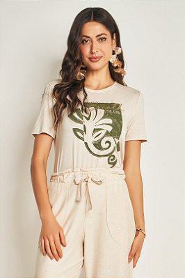 T-Shirt Cru Com Estampa Frontal Em Meia Malha Viscolinho Com Elastano Doce Trama - 105558
