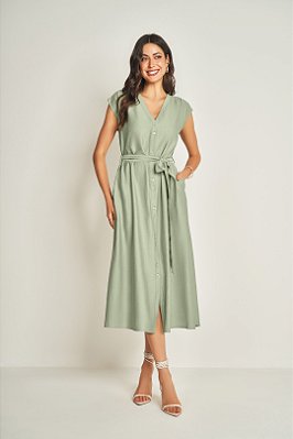 Vestido Midi Verde Em Viscoflow Com Botões Frontais E Faixa Doce Trama - 105419