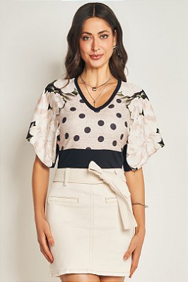 Blusa Preta Em Ribana Canelada E Estampa Frontal Em Sarja Four Way Doce Trama - 105590