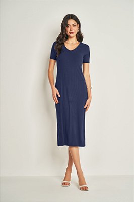 Vestido Midi Azul Em Ribana Canelada De Manga Curta Doce Trama - 105639