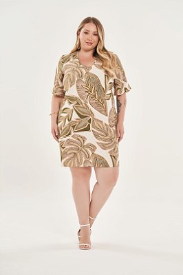 Vestido Plus Size Estampado Em Viscose De Manga Curta Lisamour - 202111