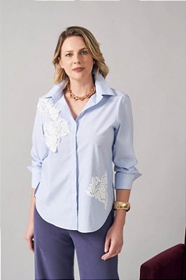 Camisa Azul Com Risca De Giz Off White E Detalhe De Bordado Frontal - 3340