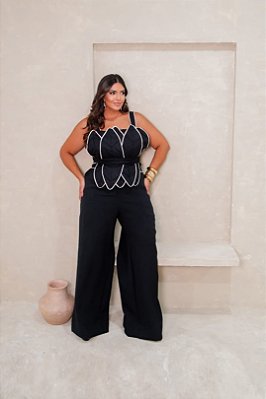 Conjunto De Calça Plus Size Preto Com Vivo Off White Valentina Ferreira - 46157