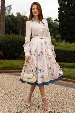 Vestido Midi Estampado Em Toque De Seda Acompanha Faixa Jany Pim - 6385