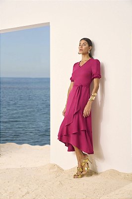 Vestido Pink Em Viscopoly Com Barra Assimétrica Acompanha Faixa Titanium - 27980