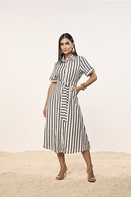 Vestido Chemise Maxi Midi Listrado Em Algodão Acompanha Faixa Titanium - 28010