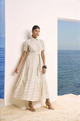 Vestido Chemise Maxi Midi Listrado Com Botões Encapados E Faixa Titanium - 28029