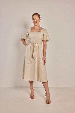 Vestido Midi Cru Em Linho Semi Evasê E Acompanha Faixa Laura Rosa - 811067