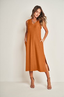 Vestido Midi Conhaque Em Moletinho Viscolinho Com Elastano Doce Trama - 105551