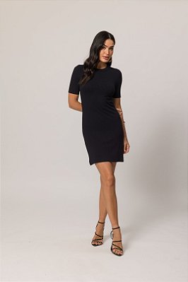 Vestido Preto Em Ribana Canelada De Manga Curta Doce Trama - 105106