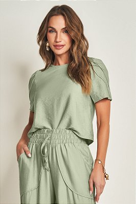 Blusa Verde Em Viscoflow De Manga Curta E Decote Redondo Doce Trama - 105415