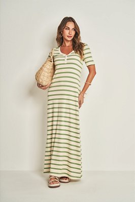 Vestido Longo Listrado De Verde E Off White Em Ribana Canelada Doce Trama - 105523