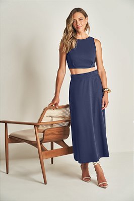 Saia Midi Azul Em Viscolinho Com Elástico Nas Costas Doce Trama - 105622