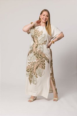 Vestido Plus Size Longo Estampado De Verde Em Viscose E Sarja Four Way Lisamour - 202148
