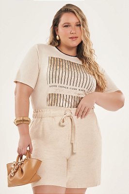T-Shirt Plus Size Cru Com Estampa Frontal Em Meia Malha Lisamour - 202091
