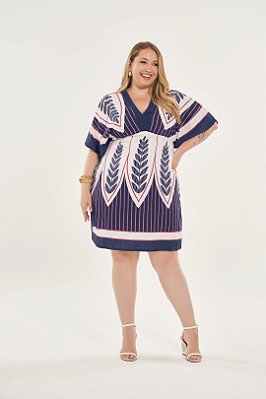 Vestido Plus Size Azul Com Estampa Frontal Em Sarja Four Way Lisamour - 202095