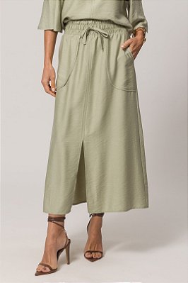 Saia Maxi Midi Verde Em Viscoflow Com Bolsos Frontais Doce Trama - 105417
