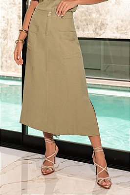 Saia Midi Verde Plus Size Em Viscolinho Com Bolsos Frontais Dazul - 5657