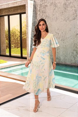 Vestido Maxi Midi Estampado Em Chiffon Com Pregas Frontais Dazul - 4775