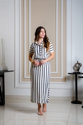 Vestido Maxi Midi Listrado De Off White E Azul Com Fendas Laterais Dazul - 4765