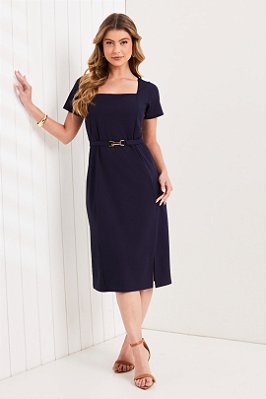 Vestido Midi Plus Size Azul Em Malha Stretch Acompanha Cinto Clamila - 10850