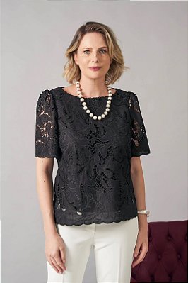 Blusa Preta Em Renda Guipir De Manga Curta E Decote Redondo - 3343
