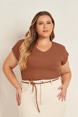 Blusa Plus Size Marrom De Manga Curta Em Ribana Lisamour - 202199