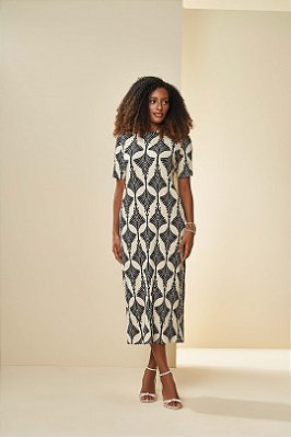 Vestido Maxi Midi Estampado Em Ribana Canelada De Manga Curta Doce Trama - 106003