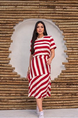 Conjunto De Saia Midi Listrado De Cru E Vermelho Em Malha Com Botões Laterais - 2062
