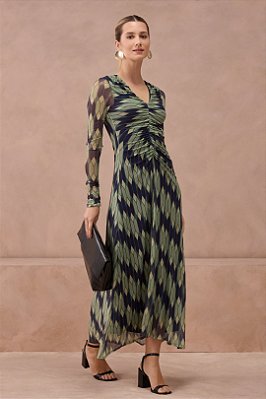 Vestido Maxi Midi Estampado Em Tule Com Franzido Frontal P.A Concept - VE260055