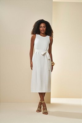 Vestido Midi Cru Sem Manga Em Marant Linên Acompanha Faixa Doce Trama - 105869