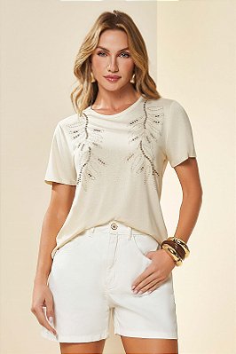 T-Shirt Bege Com Termocolante Frontal Em Malha De Manga Curta Doce Trama - 105982